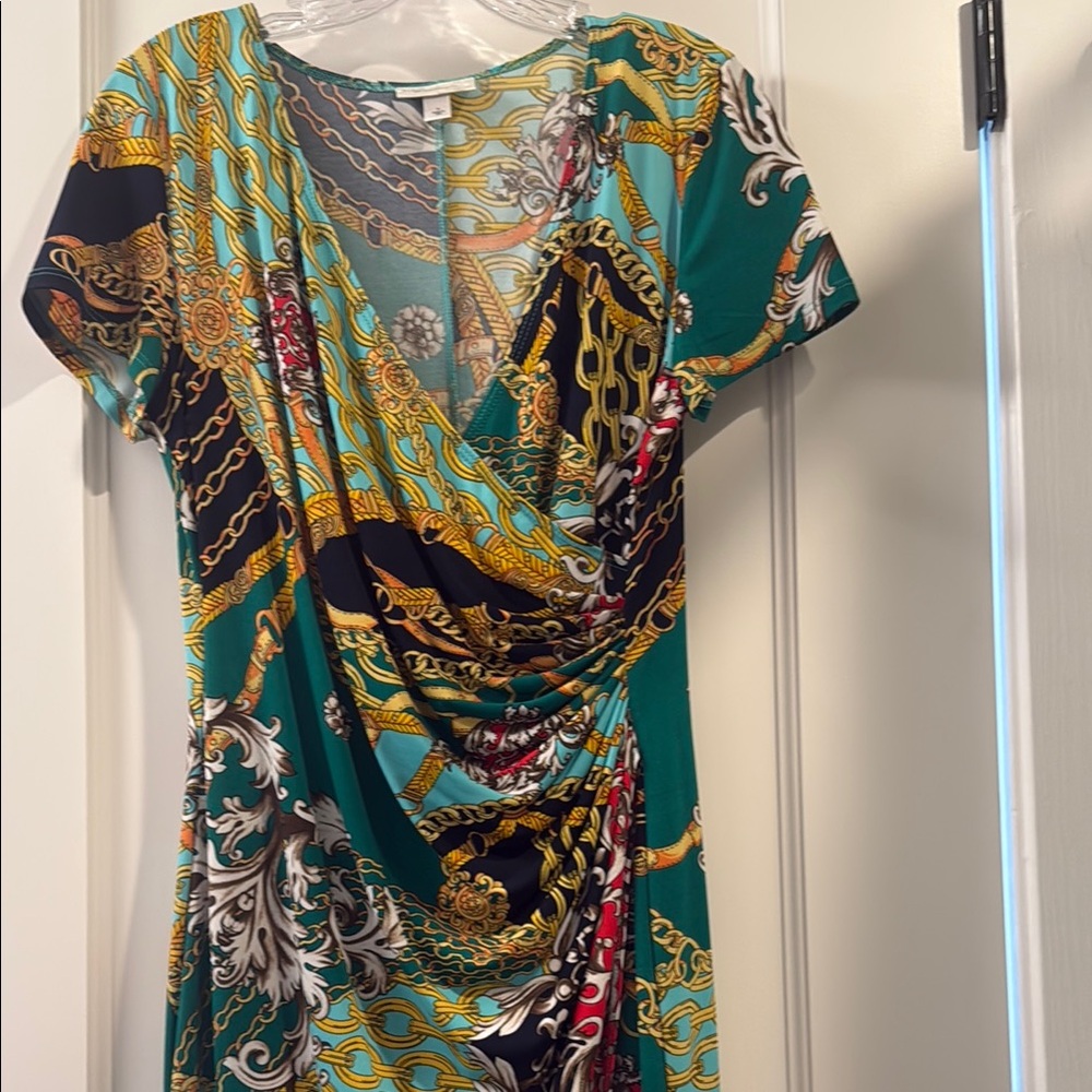 Dressbarn Green and Gold Ruched Wrap Midi Dress
